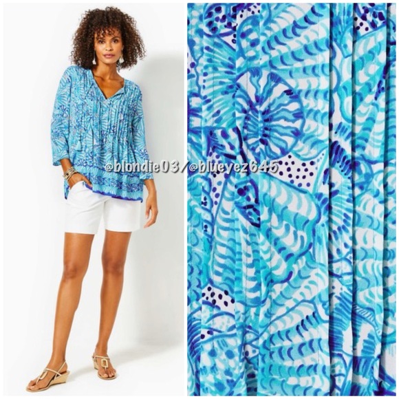 Lilly Pulitzer “Marilina” tunic top in amalfi blue by the seashore print L - Picture 2 of 5